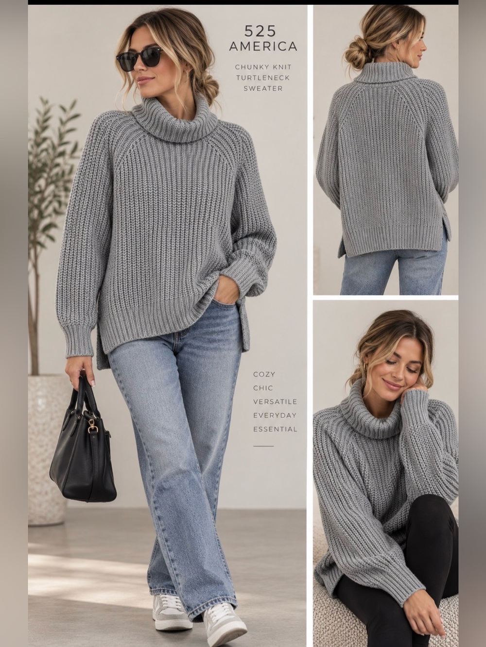 525 America Gray Chunky Knit Cowl Neck Fisherman oversized gorpcore sweater S